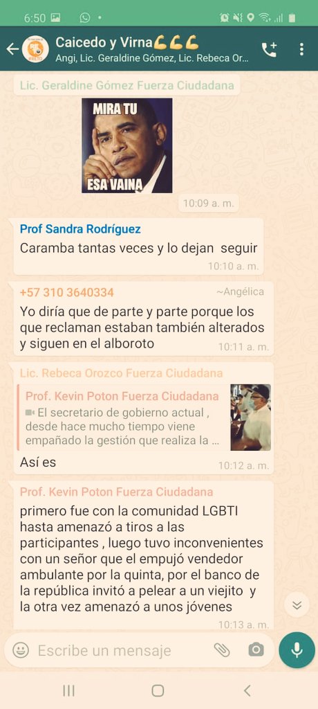 Pantallazo del grupo en el que integrantes de Fuerza Ciudadana critican actitud de Adolfo Bula.