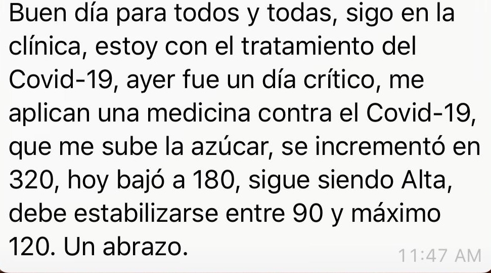 Mensaje de Adolfo Bula a su equipo de trabajo, reportando su estado de salud, en días pasados.