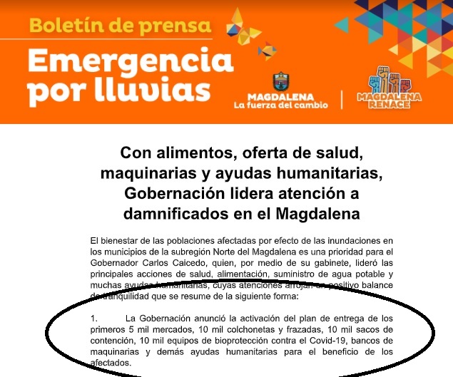 Este es el anuncio que hizo en días pasados la Gobernación del Magdalena, con las ayudas de las que disponía.
