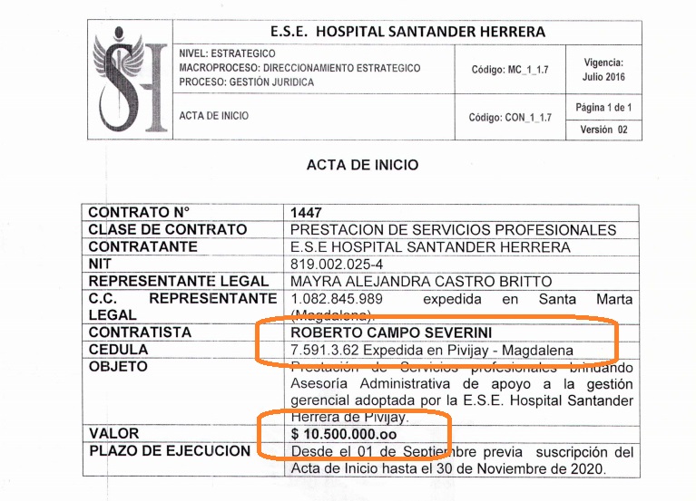 Este es el contrato que vincula a Roberto Campo Severini al hospital Santander Herrera.