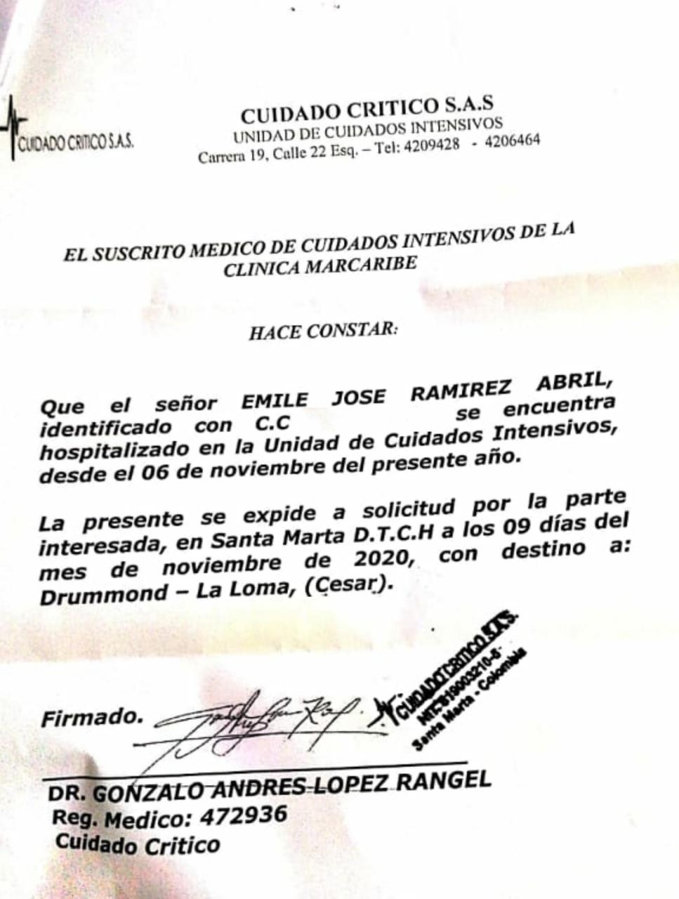 Constancia del estado de salud de Emile Ramírez.