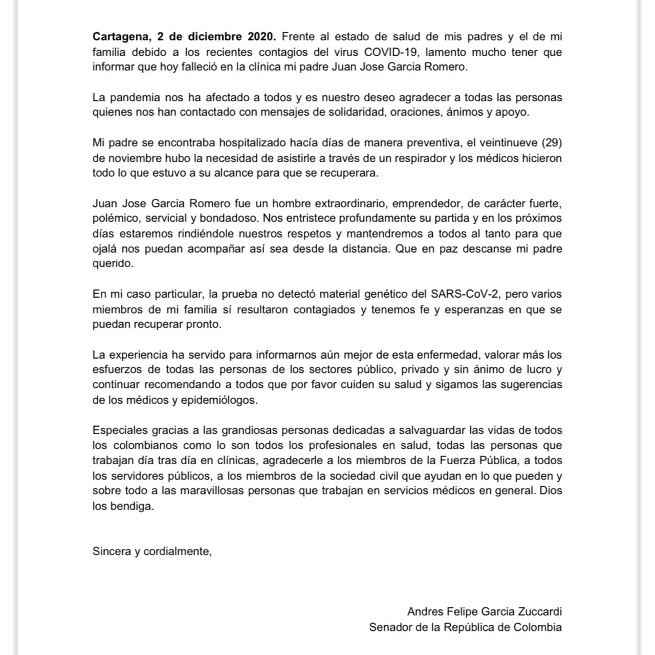 Comunicado de Andrés García Zuccardi.