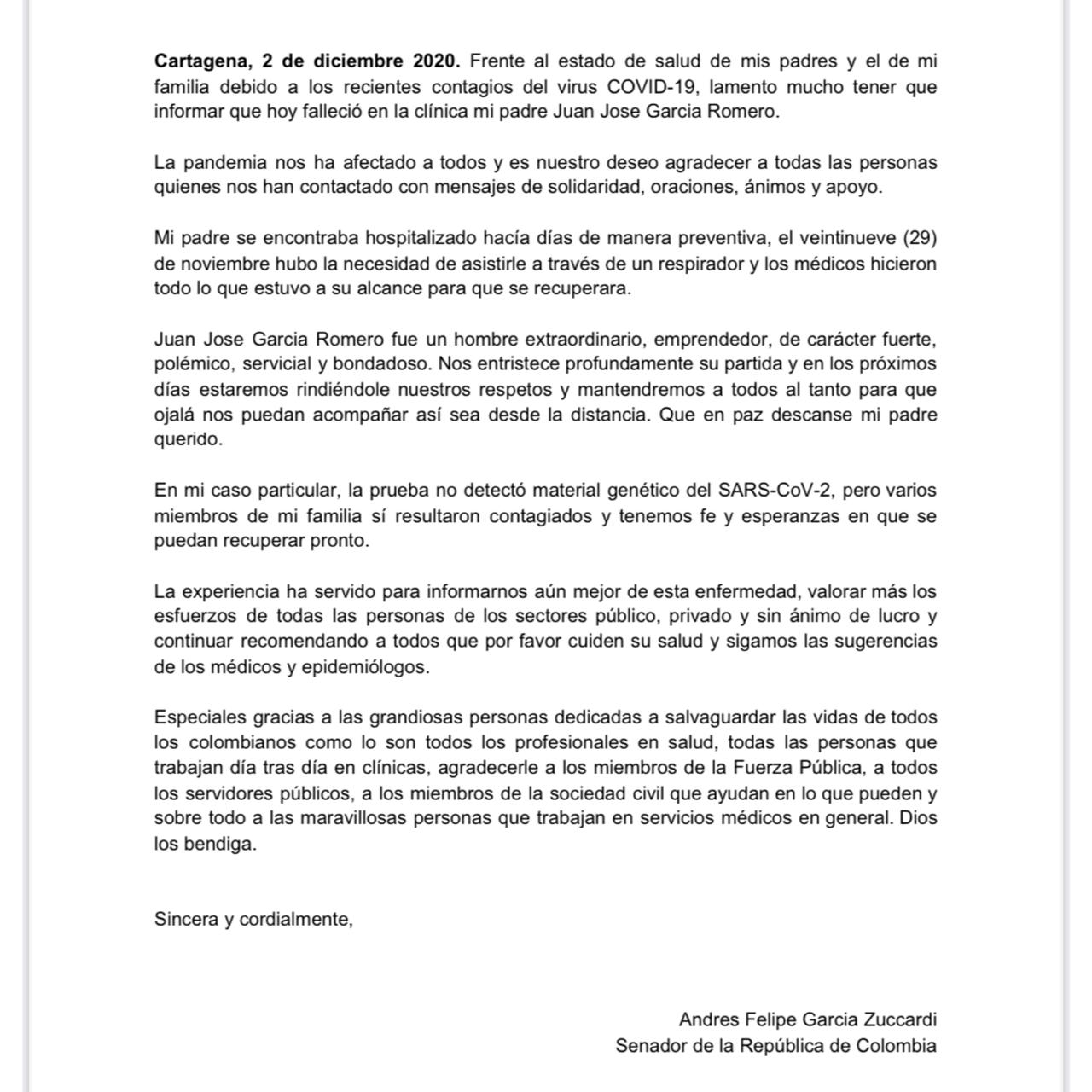 Comunicado de Andrés García Zuccardi.