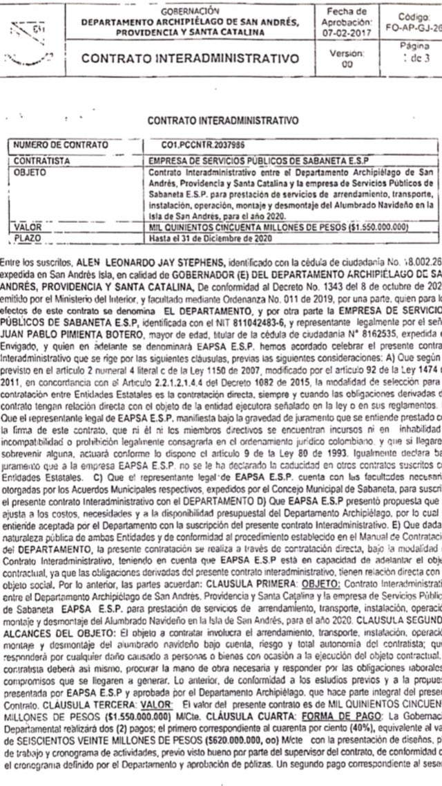 Este fue el contrato que firmó el gobernador encargado de San Andrés.