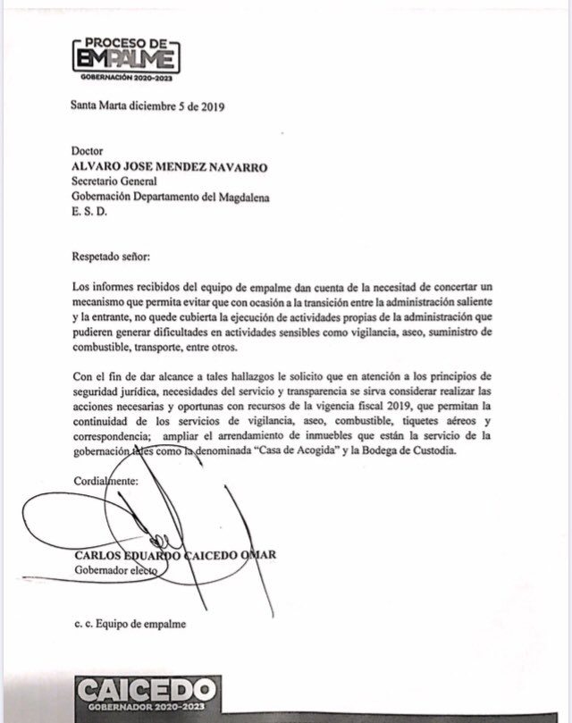 Carta de solicitud de prórroga en el contrato que, entre otras cosas, cubre vigilancia y aseo de las dependencias de la Gobernación.