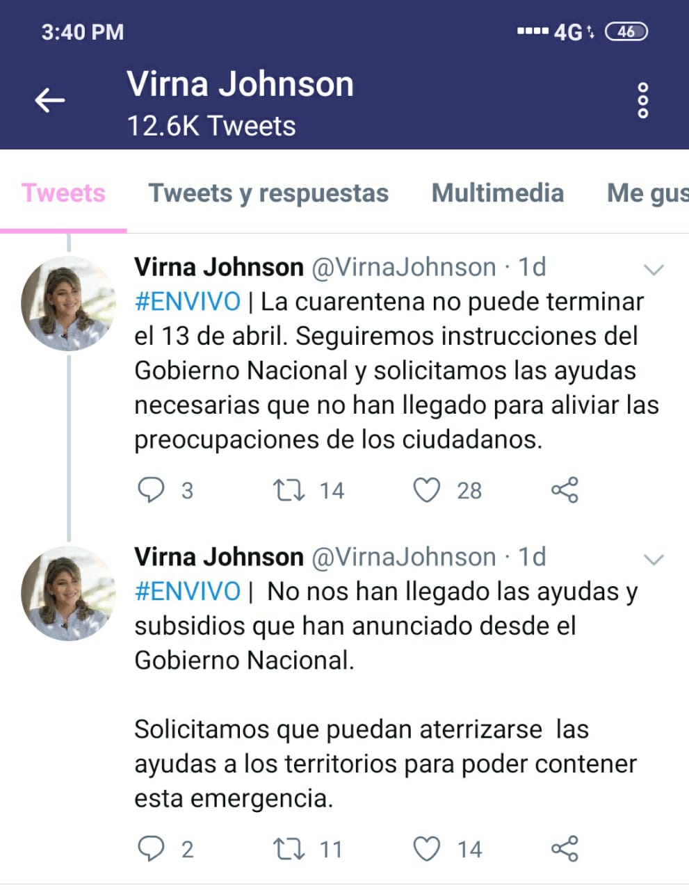 Tuits de Virna Johnson en los que dice que el Gobierno no ha brindado ayuda.