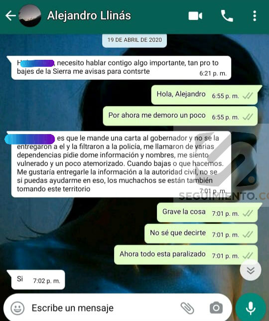 Chat de Alejandro Llinás, 4 días antes de su asesinato, en el que se sentía vulnerado.