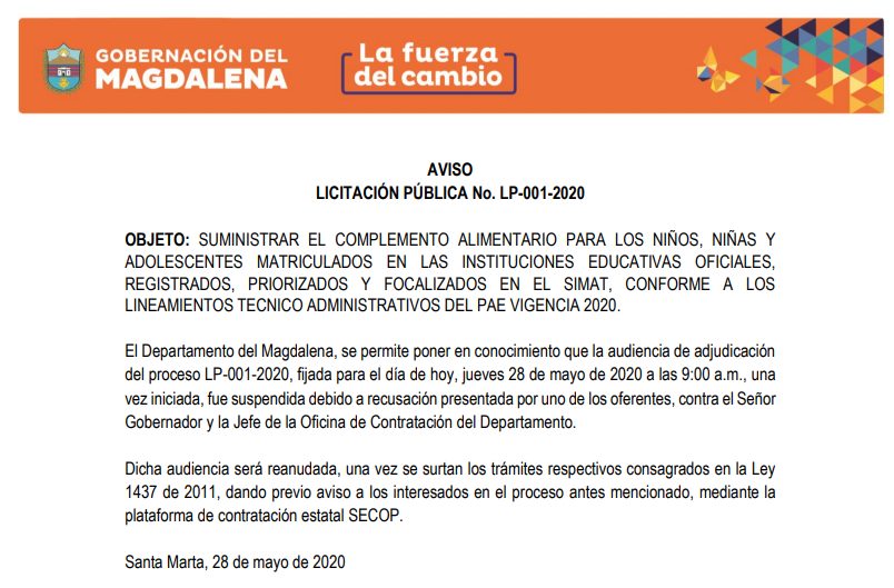 Acta de suspensión de la Gobernación del Magdalena.