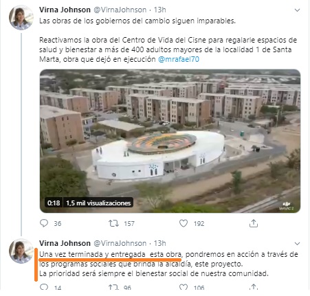 Tuit de Virna Johnson anunciando que la obra se reactivaba.