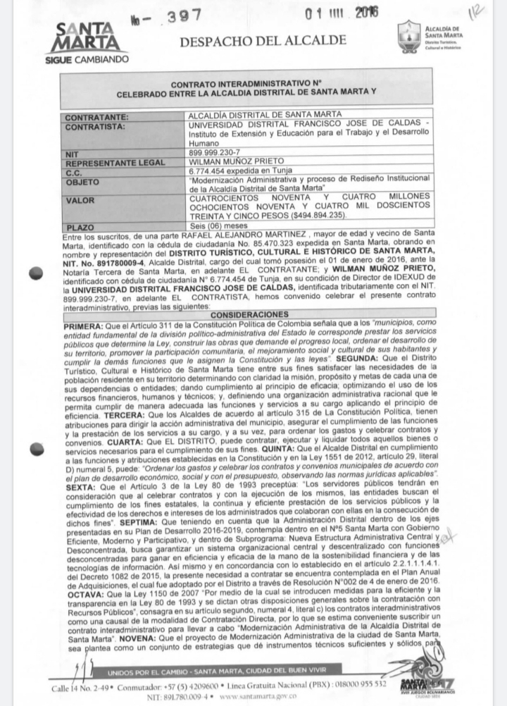 Este es uno de los contratos firmados por Wilman Muñoz en la alcaldía de Rafale Martíez.