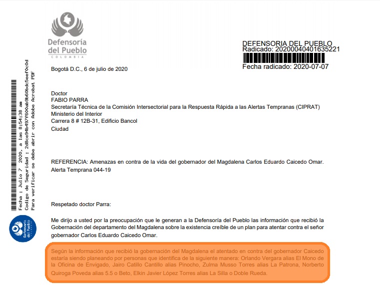 Carta-alerta de la Defensoría se sustentó en una denuncia originada por la Gobernación.