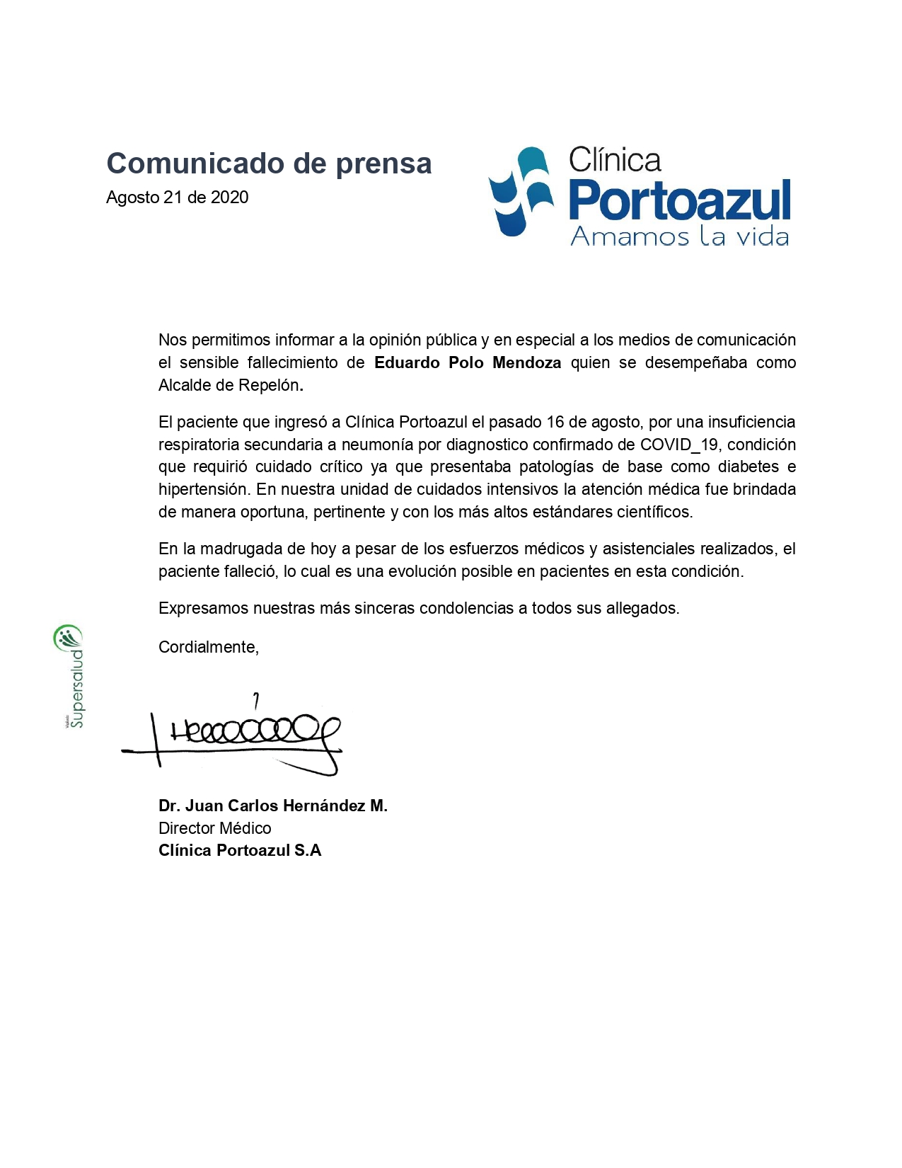 Comunicado de la Clínica Portoazul.