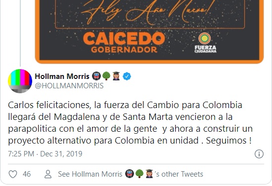 Hollman Morris halando a Carlos Caicedo dos días antes de su posesión.