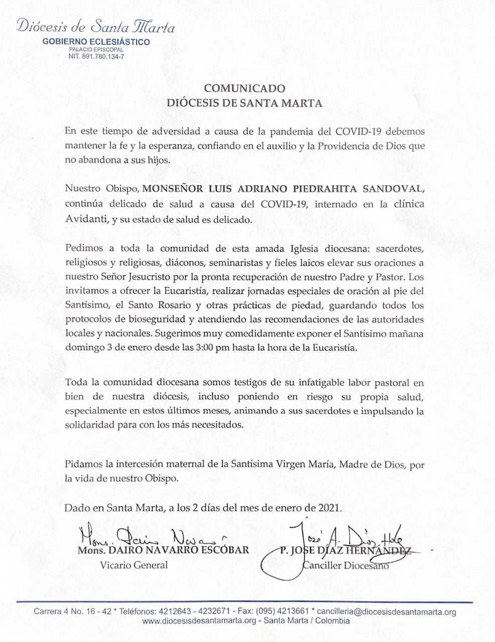 Comunicado de la Diócesis de Santa Marta