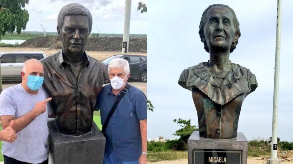 Christian Daes y Julio Comesaña con las estatuas del uruguayo y Micaela Lavalle