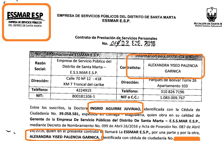 Este es uno de los cinco contratos entregados a la esposa de Carlos Caicedo.