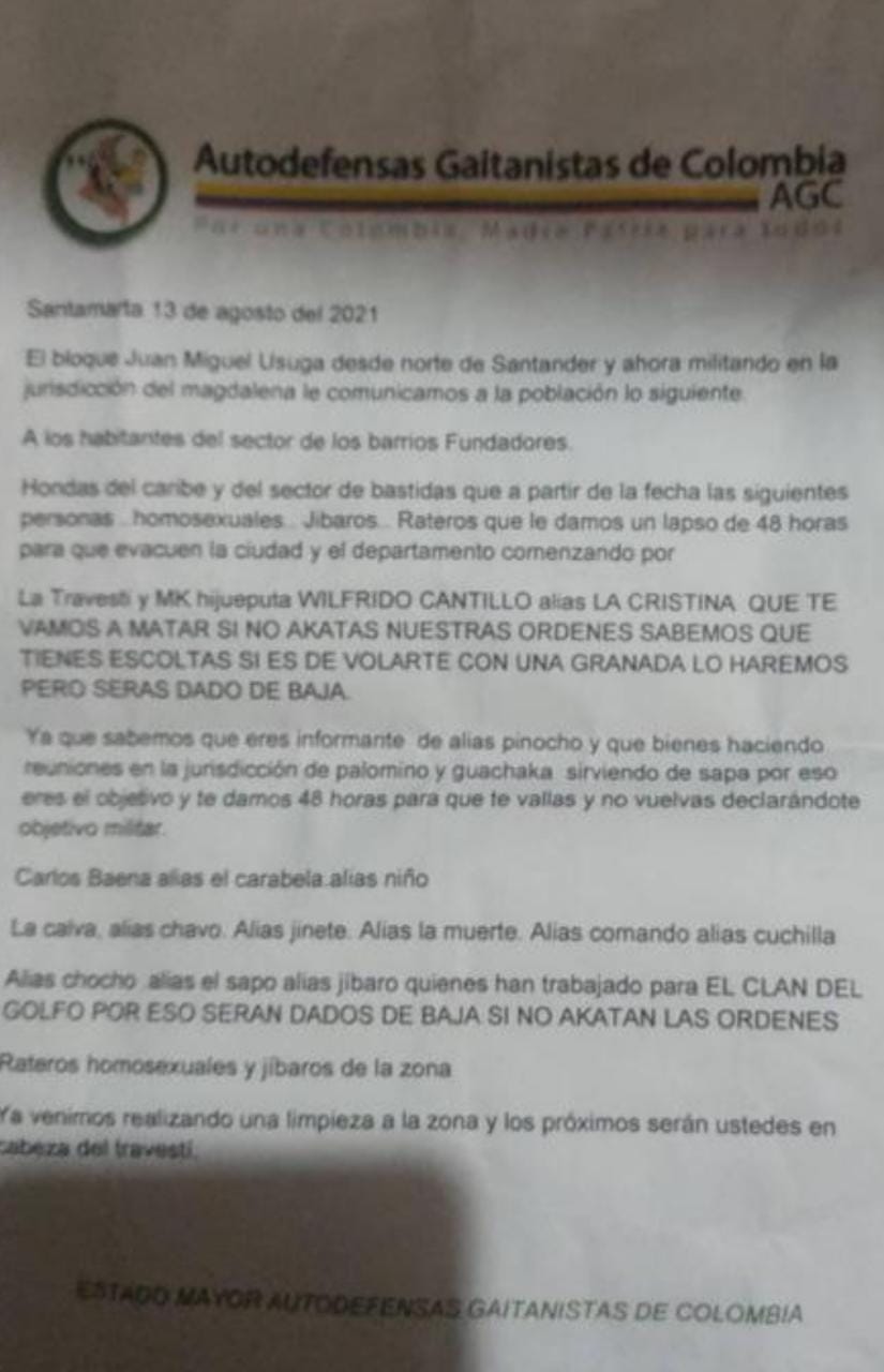 Este fue el panfleto en el que amenazaron de muerte a Cristina Cantillo.