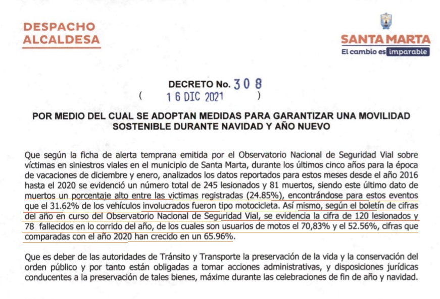 En las justificaciones, la Alcaldía le da la carga de la accidentalidad solo a las motos.