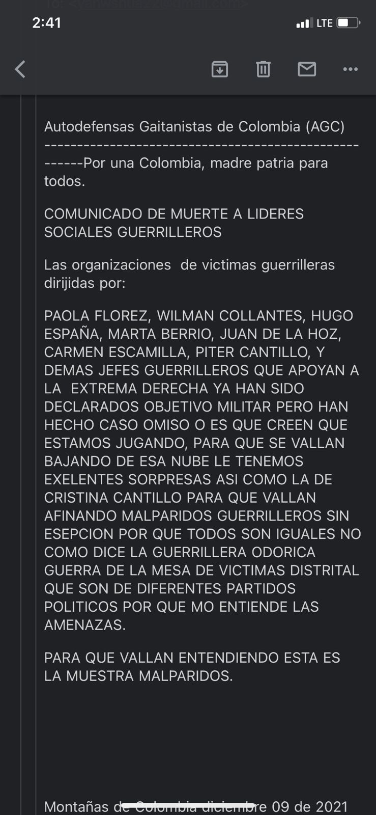Esta fue la amenaza que recibieron algunos líderes el 9 de diciembre en la que las AGC anuncian que les harán lo mismo que a Cristina Cantillo.
