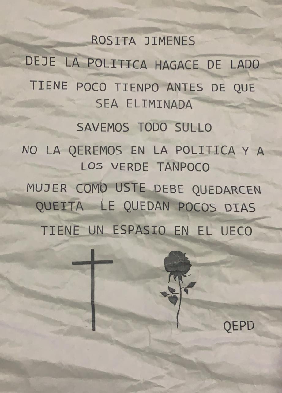 Este fue el panfleto que encontró Rosita Jiménez en la entrada de su casa.