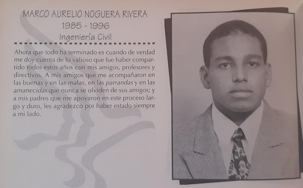 Reflexión deMarco Noguera Rivera en su anuario de graduación del colegio.