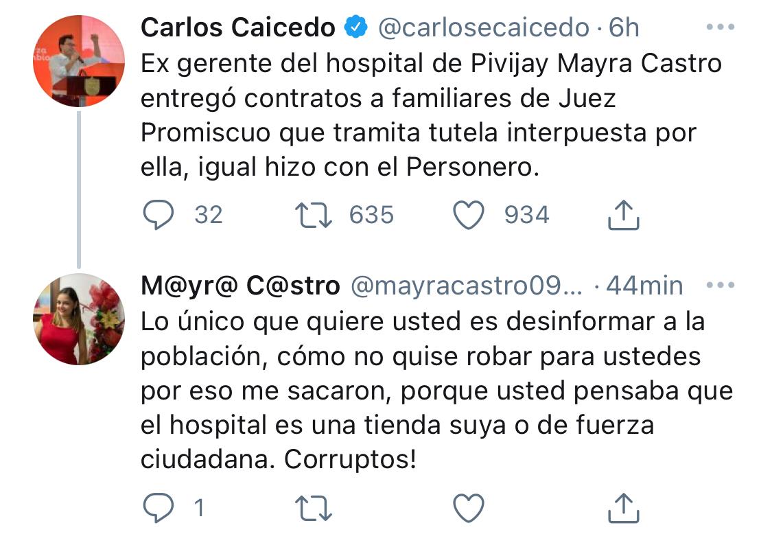 Tuit de Mayra Castro contra Caicedo.
