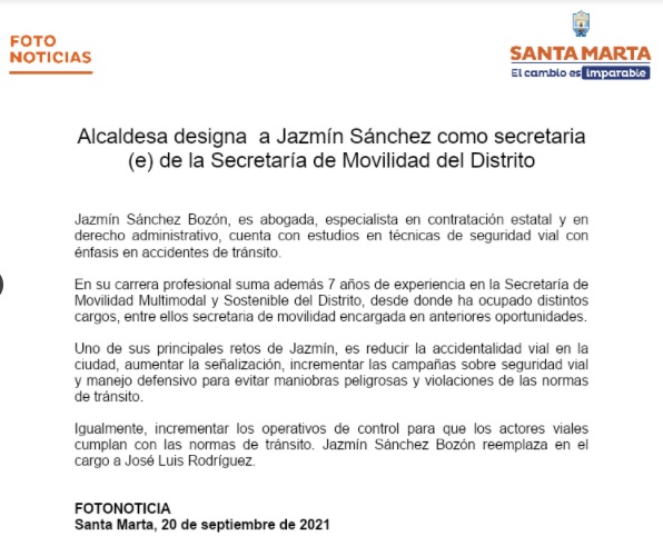 Comunicado publicado por la Alcaldía de Santa Marta.