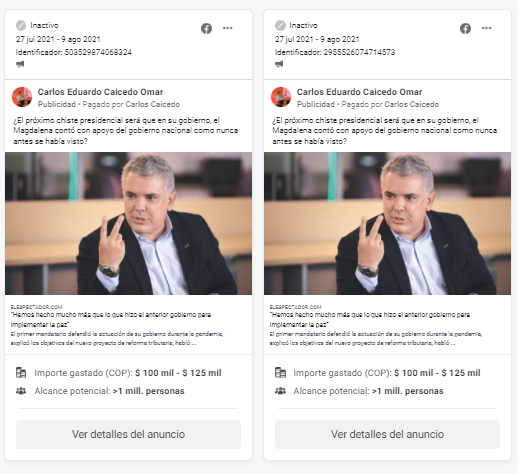 Posts pautados por Carlos Caicedo para atacar a Iván Duque