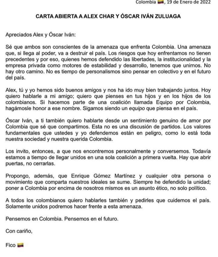 Carta de Federico Gutiérrez.