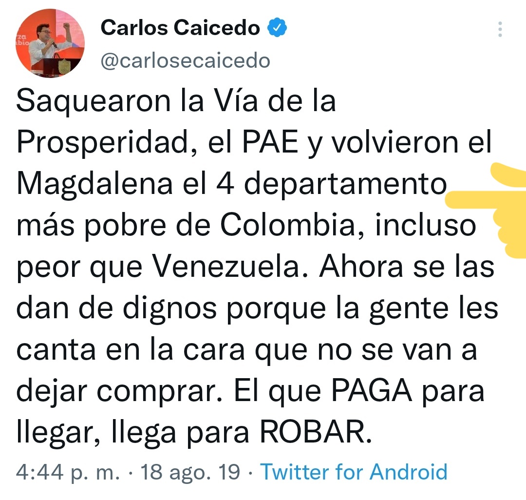 Tuit de Carlos Caicedo del 18 de agosto de 2019. 