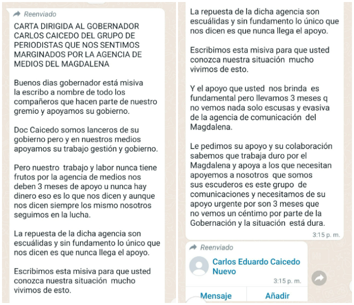 Esta fue la carta enviada al gobernador por Whatsapp.