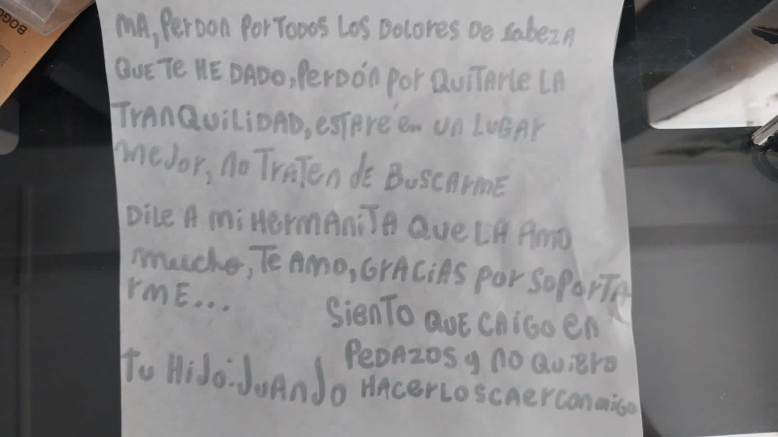 La carta que Juan Mozo dejó en su cuarto