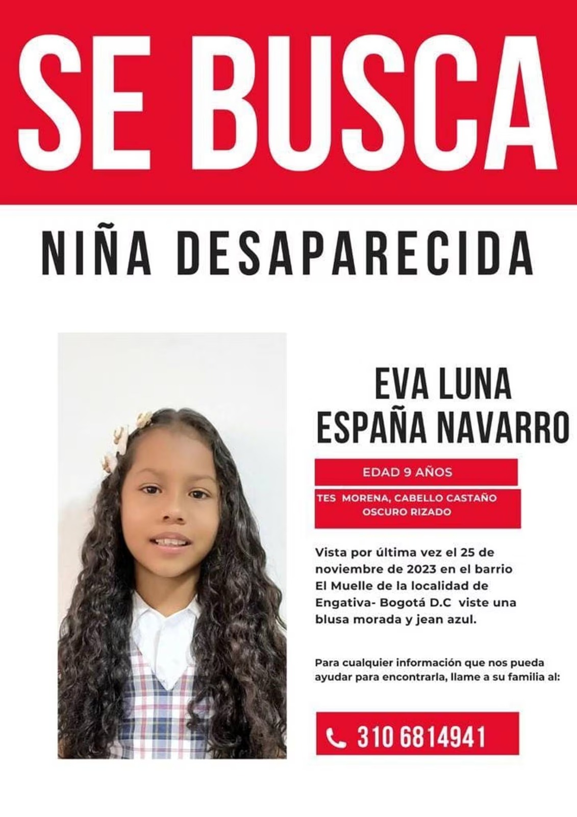 Eva Luna España se encuentra desaparecida.