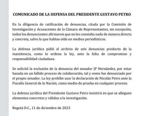 Comunicado de la defensa de Petro.