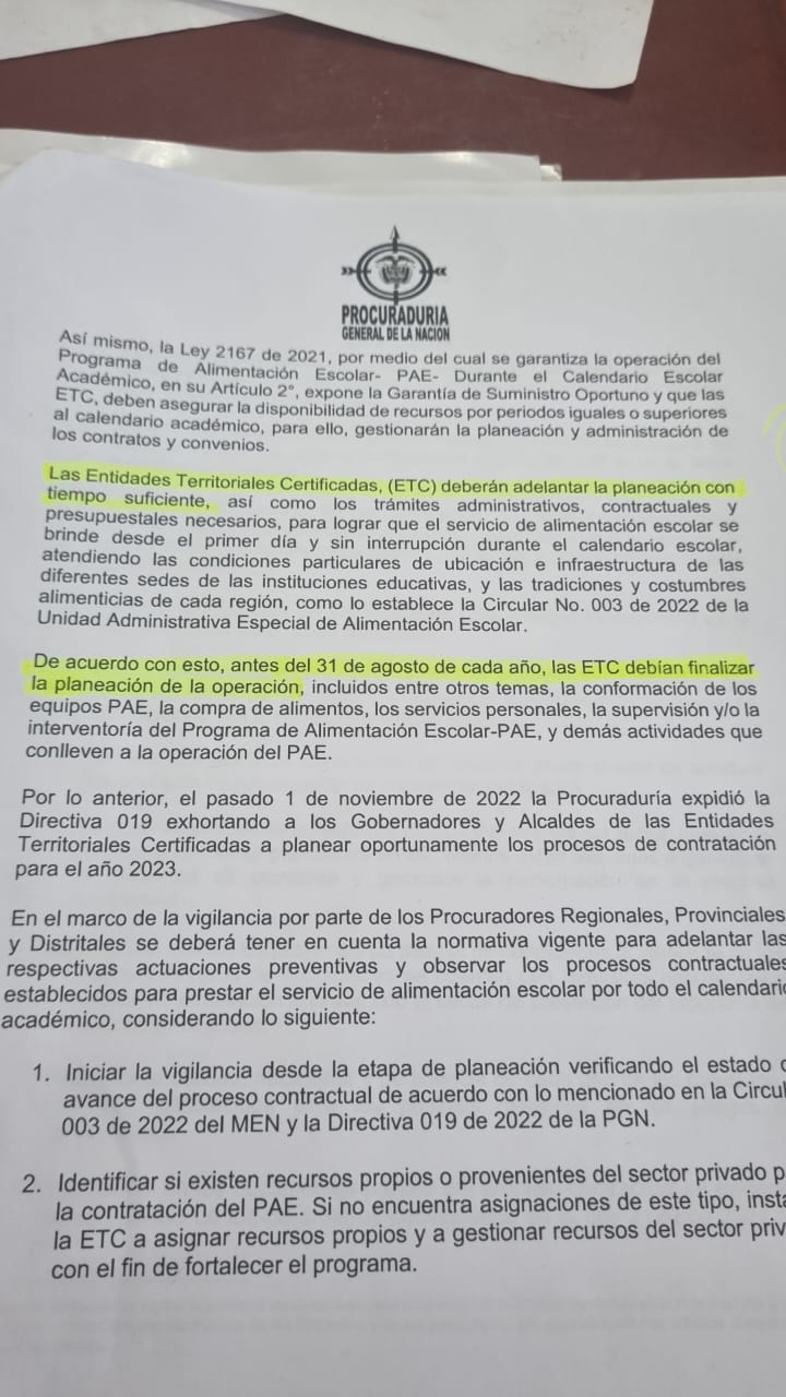 Resolución Procuraduría sobre tiempos para adjudicación del PAE