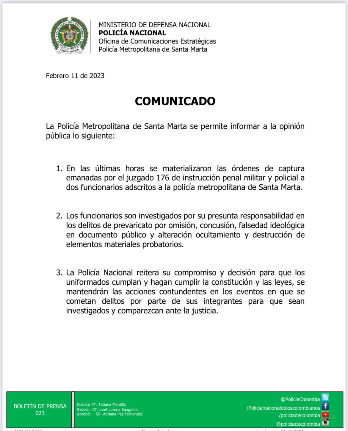 Comunicado de la Policía Metropolitana de Santa Marta