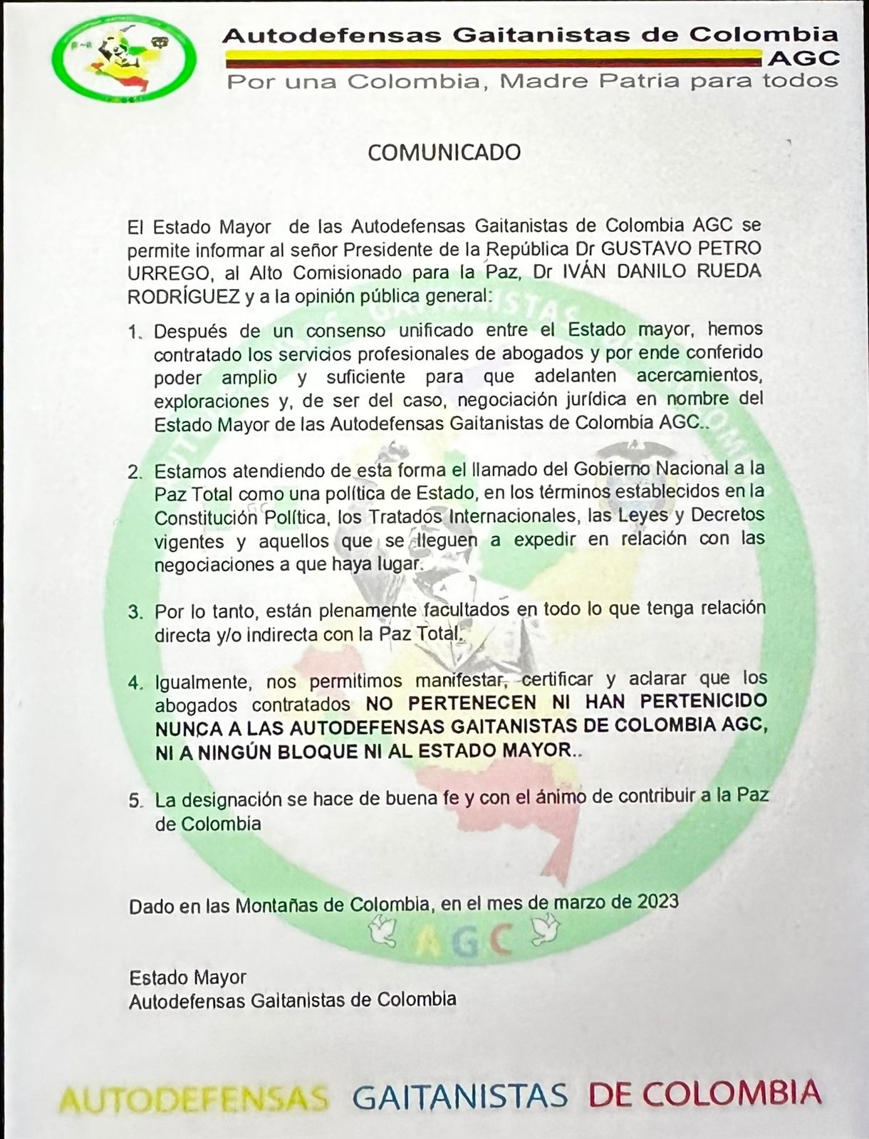 El comunicado emitido por el 'Clan del Golfo'.