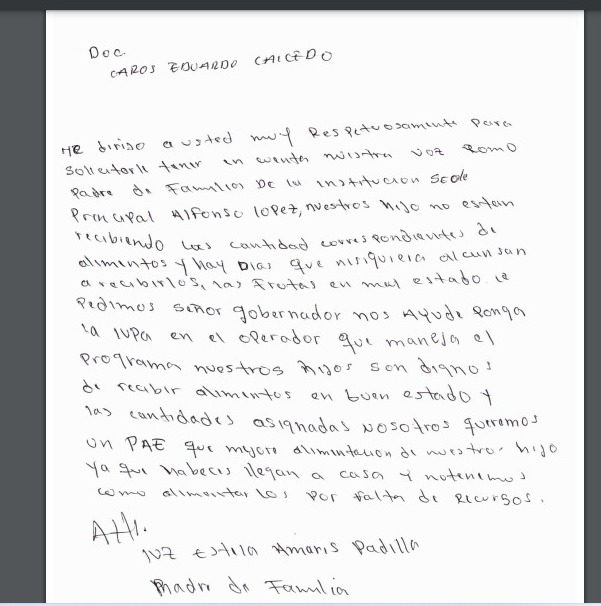 Carta de un padre de familia, suplicando al gobernador que asegure el PAE para los niños.