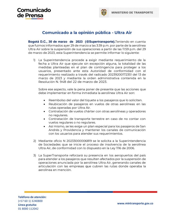 Comunicado de la Superintendencia de Transporte.