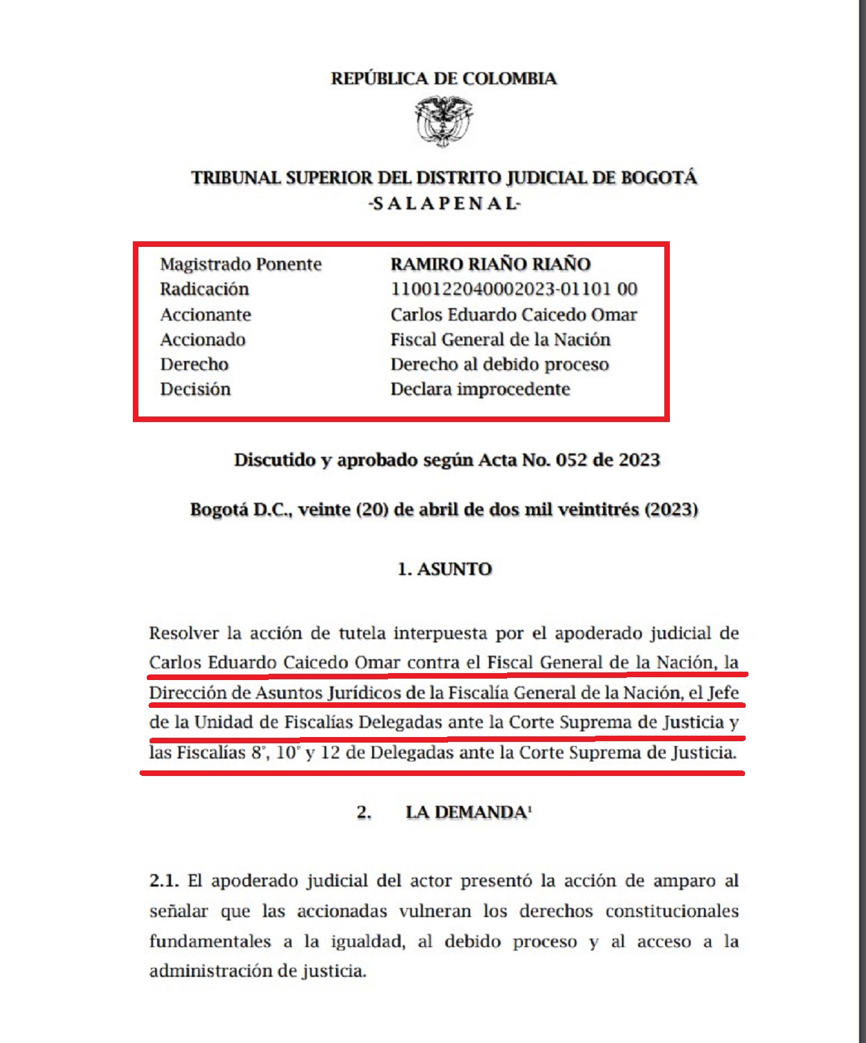 Tutela interpuesta por el gobernador Caicedo