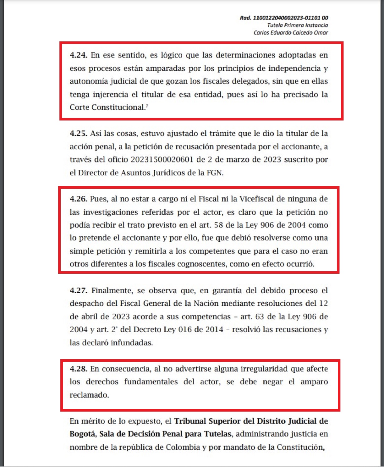 Decisión del Tribunal Superior de Bogotá