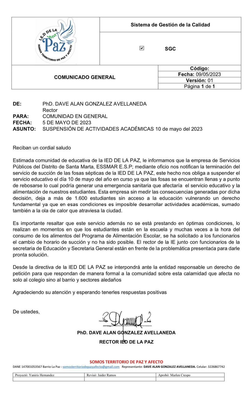 Carta del directivo