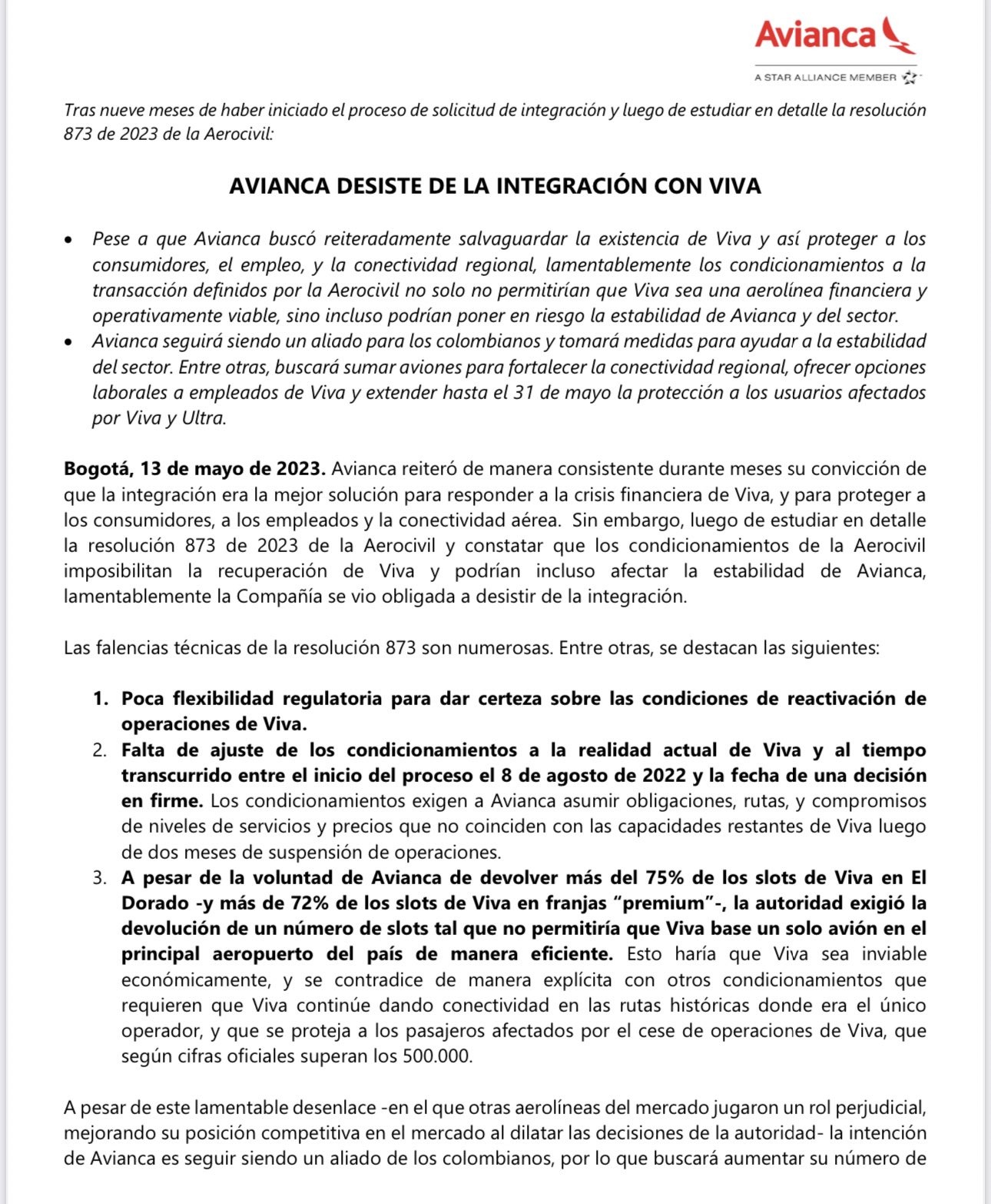 Comunicado emitido por Avianca.