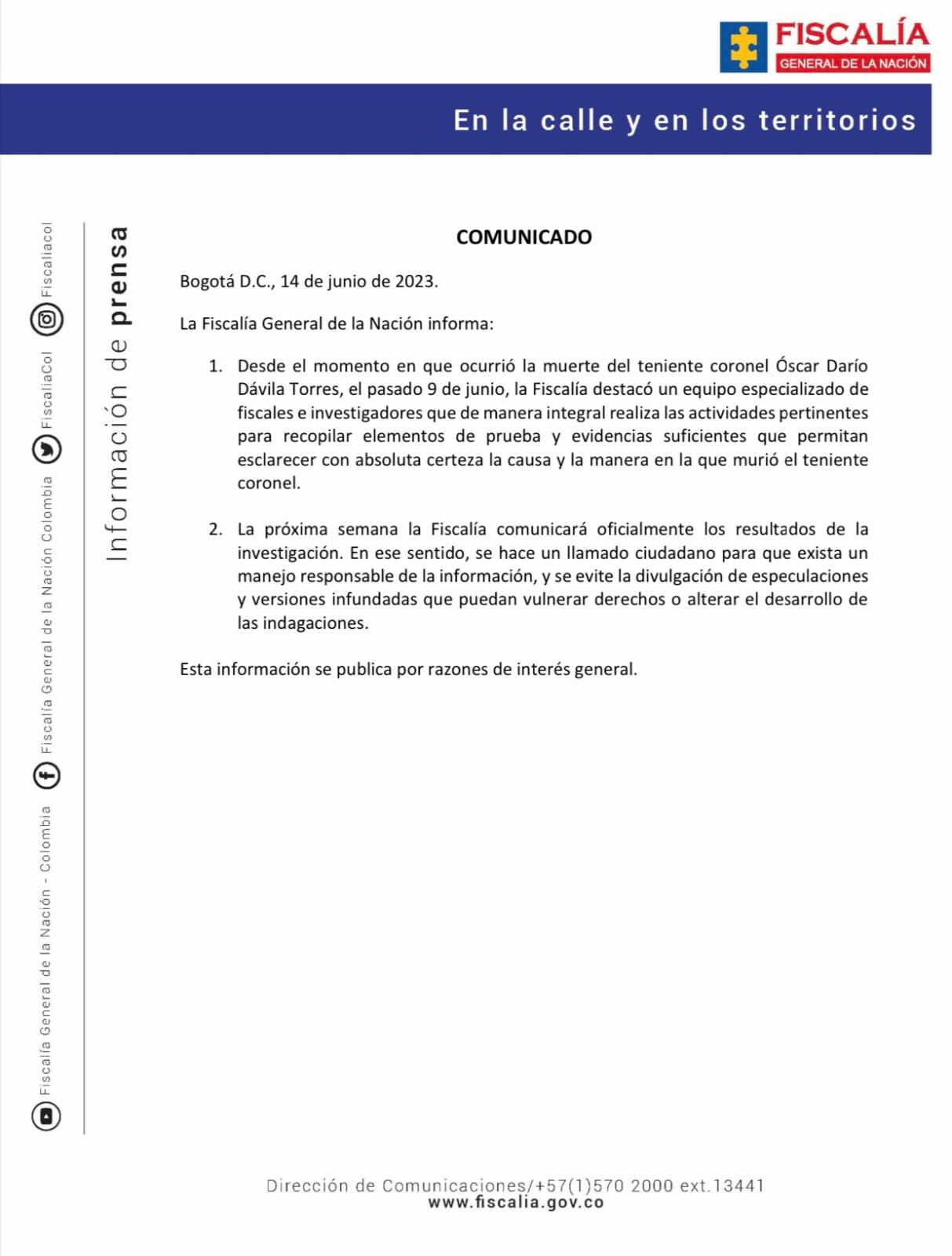 Comunicado de la Fiscalía General de la Nación.