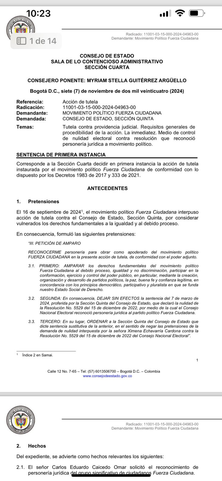 En la tutela Fuerza Ciudadana denunciaba un presunto atropello contra sus libertades democráticas.