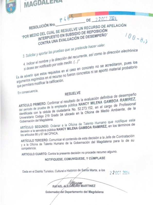 Por medio de esta carta, el gobernador decidió pasar por alto las quejas de Nancy frente a su evaluación.