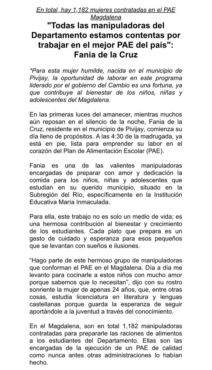 Comunicado de la Gobernación del Magdalena negando los retrasos en pagos a manipuladoras.