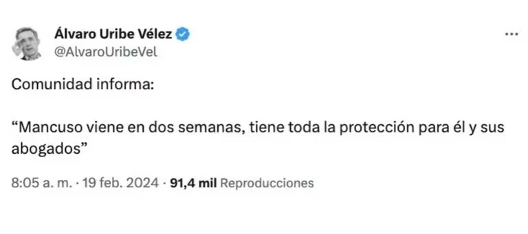 El expresidente Álvaro Uribe Vélez habló de lo que sería el regreso del exjefe paramilitar Salvatore Mancuso a Colombia.