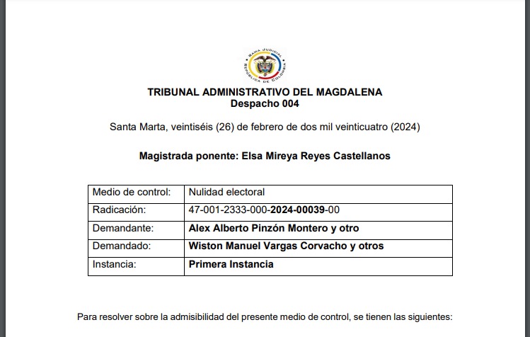 Admisión del Tribunal Administrativo del Magdalena