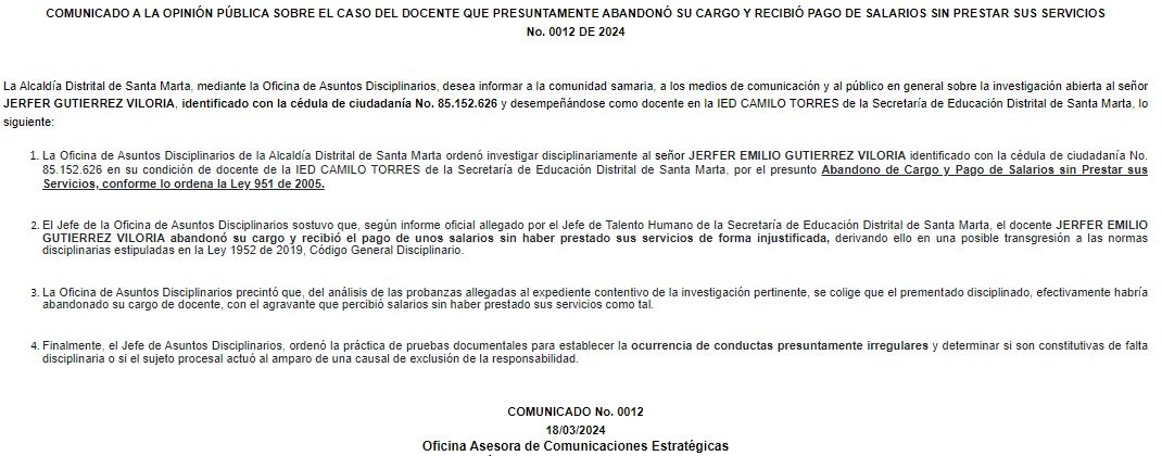 Comunicado del gobierno de Carlos Pinedo anunciando la investigación